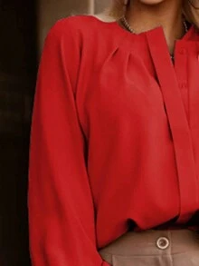 Acelitt Women's Casual Solid Color Pleated Design Long Sleeve Blouse, Suitable For Daily Commute, Spring/Autumn - Red - View 5