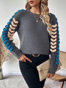 SHEIN LUNE Cut Out Raglan Sleeve Ribbed Knit Sweater - Multicolor - View 3