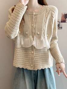 Solid Ruffle Trim Button Through Raglan Sleeve Cardigan - Apricot - View 4