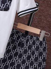 SHEIN Tween Boy Summer Casual Streetwear Daily Commute Letter Print Contrast Striped Tape Trim Short Sleeve T-Shirt And Shorts Set - Black - View 4
