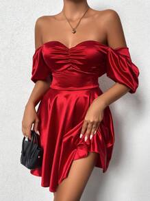 SHEIN Cottnline Off Shoulder Ruched Bust Dress - Red - View 1
