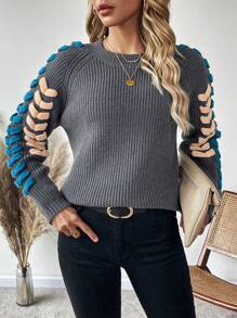 SHEIN LUNE Cut Out Raglan Sleeve Ribbed Knit Sweater - Multicolor - View 1