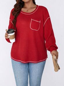 SHEIN LUNE Plus Size Women's Brooch Plaid Waffle T-shirt - Red - View 1