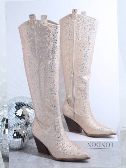 SHUZIA Botas de color metálico con diseño de diamante de imitación cremallera lateral con tacón grueso