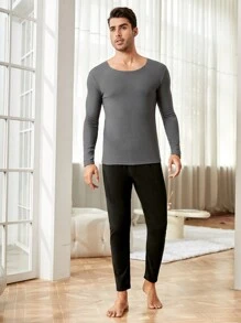 Nam Chất rắn Áo lót giữ nhiệt hàng đầu - Màu xám đen - Xem 1