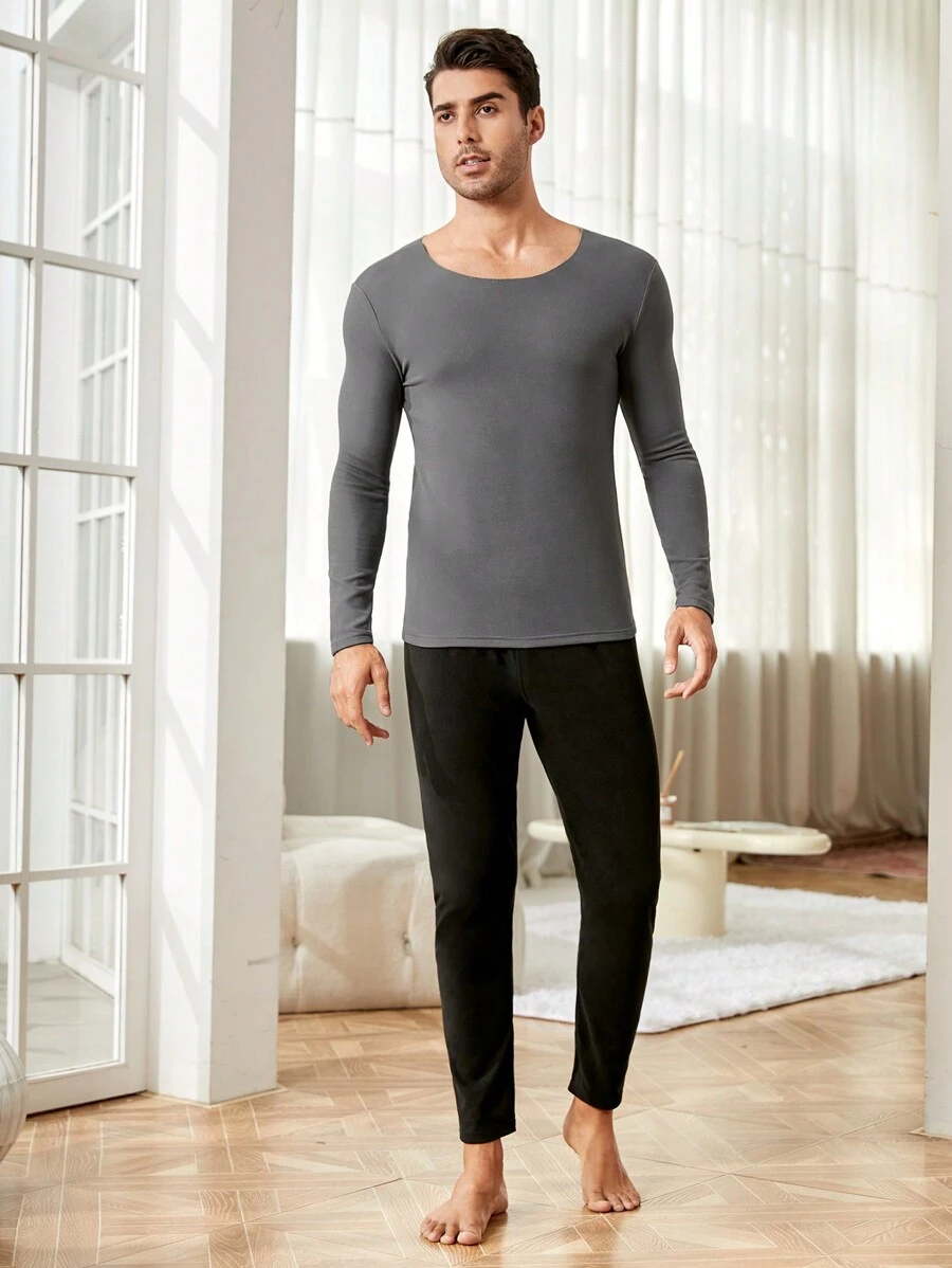 Nam Chất rắn Áo lót giữ nhiệt hàng đầu - Màu xám đen - Xem 1