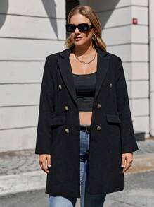 RueChic Plus Lapel Neck Double Breasted Coat - Black - View 5