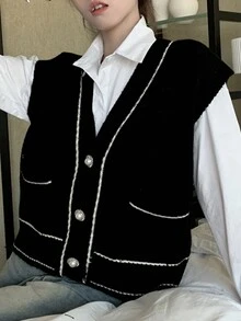 Women's Loose Fit Color Block Trim Knit Vest - Black - View 5