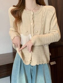 Solid Ruffle Trim Button Through Raglan Sleeve Cardigan - Apricot - View 8
