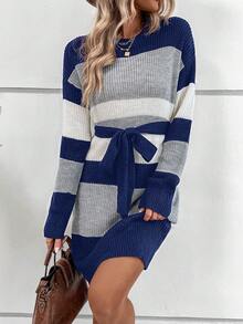 SHEIN LUNE Khối màu Thả vai Thắt lưng Đầm Áo len - Màu xanh lam - Xem 3