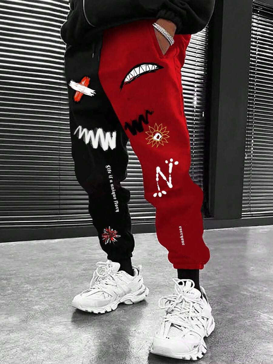 Manfinity Roghcode Men Cartoon Letter Graphic Two Tone Drawstring Waist Sweatpants Sweat Pants Color Block Urban Fashion Rapper - Multicolor - View 1