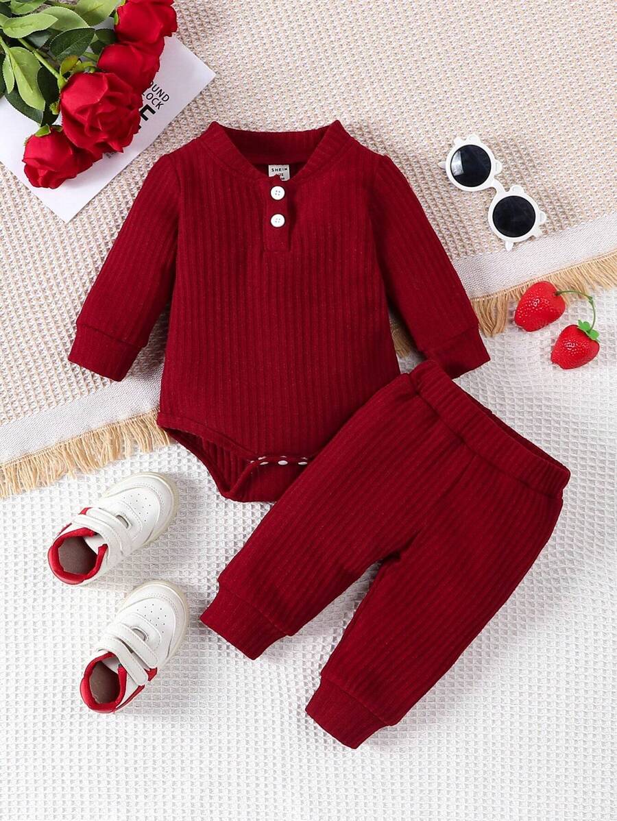 SHEIN Baby Boy Button Front Bodysuit & Sweatpants - Multicolor - View 1