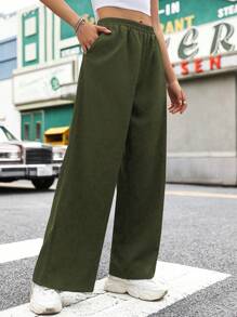 SHEIN Unity Quần nữ Túi màu trơn Giải trí - xanh quân đội - Xem 1