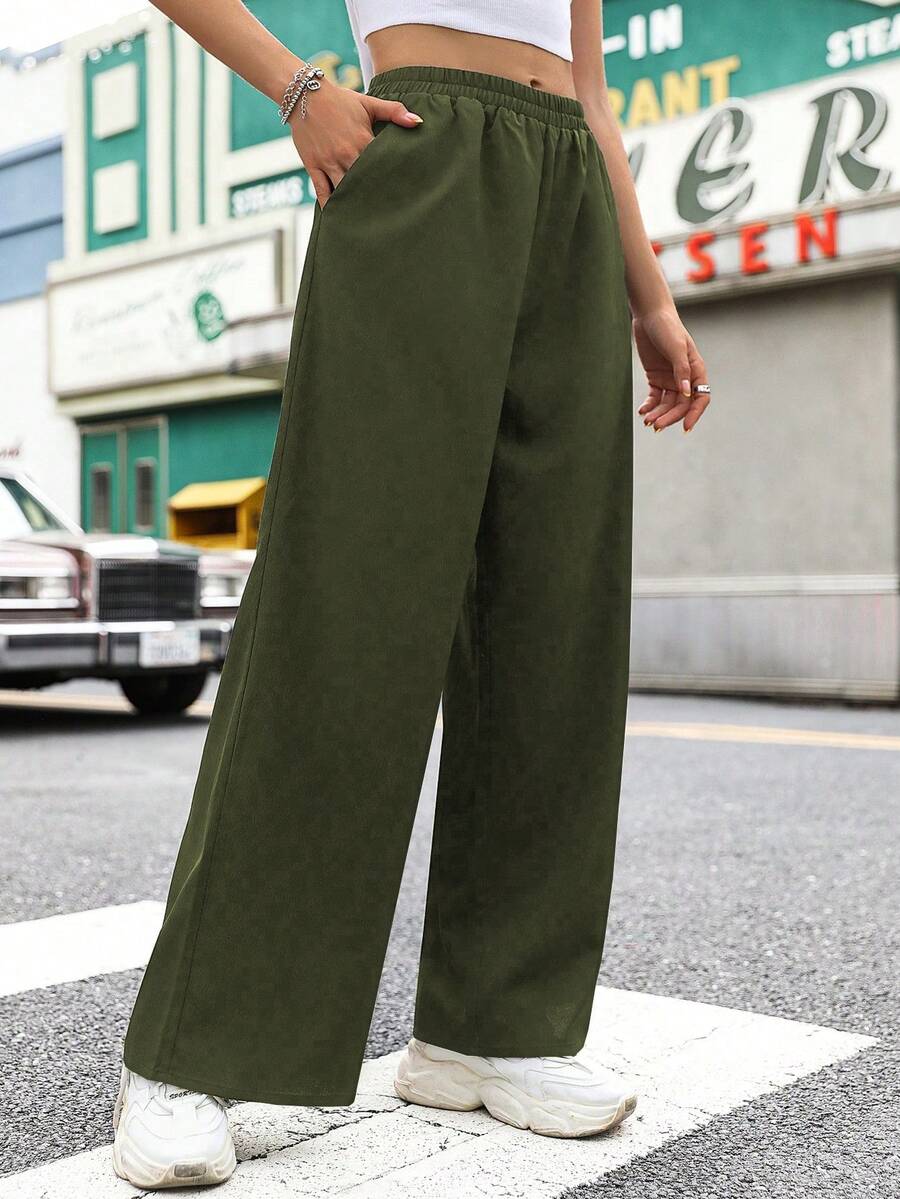 SHEIN Unity Quần nữ Túi màu trơn Giải trí - xanh quân đội - Xem 1