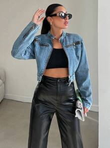 EURMUSE Women's Casual Cropped Denim Jacket, Autumn - Blue - View 5