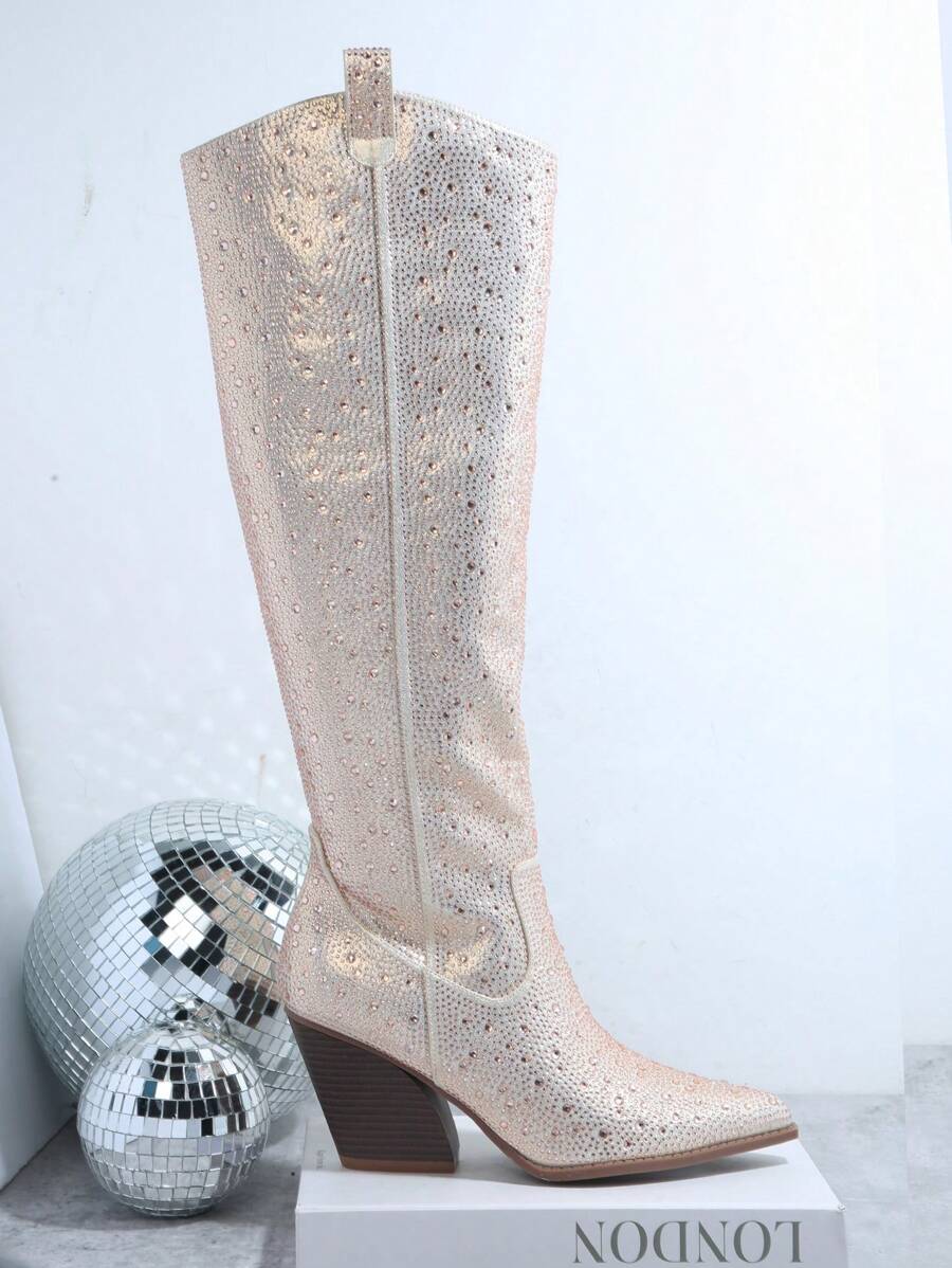 SHEIN SHUZIA Metallic Rhinestone Decor Side Zipper Chunky Heeled Boots Mother's Day Present For Christmas