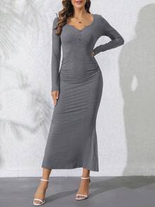 素色前紐扣魚尾裙下擺洋裝 - 灰色 - 查看 4