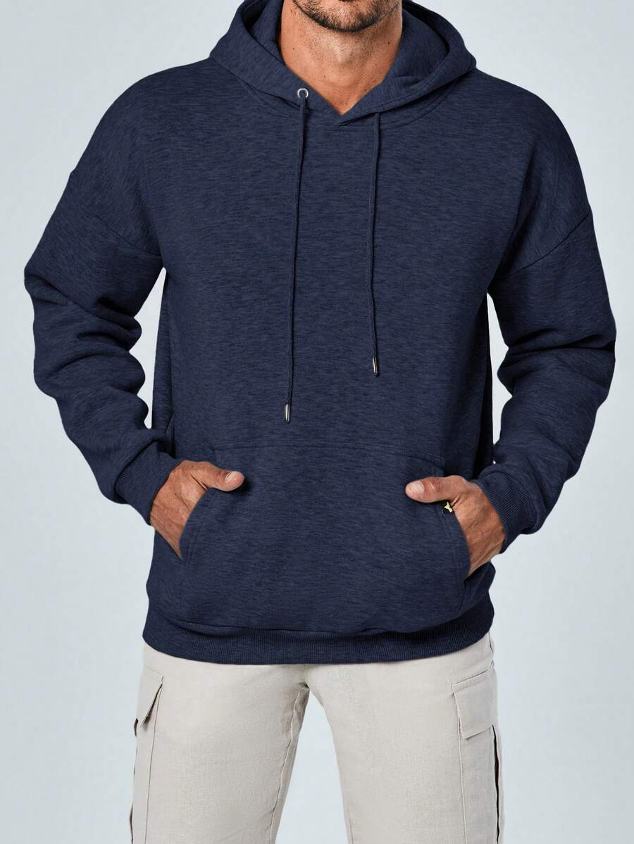 RueChic Men Kangaroo Pocket Drawstring Hoodie - Màu xanh hải quân - Xem 1