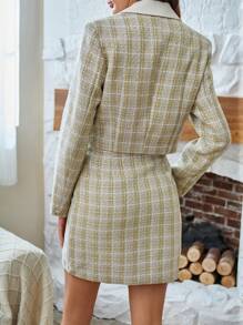GENKIRA Plaid Print Lapel Neck Blazer & Dress Fall Cloth For Women - Khaki - View 2