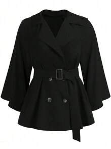 SHEIN Clasi 大碼西裝領雙排釦腰帶風衣外套 - 黑色 - 查看 1