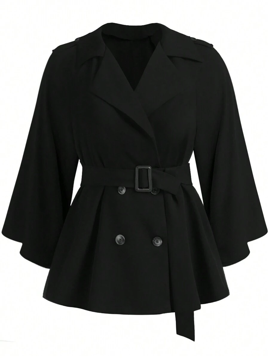 SHEIN Clasi 大碼西裝領雙排釦腰帶風衣外套 - 黑色 - 查看 1