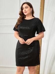 SHEIN LUNE Hơn 	
Fuzzy Cổ tay áo Kim sa Váy liền áo vừa vặn - màu đen - Xem 4