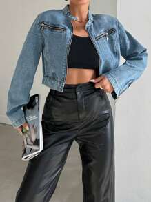 EURMUSE Women's Casual Cropped Denim Jacket, Autumn - Blue - View 3