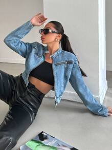 EURMUSE Women's Casual Cropped Denim Jacket, Autumn - Blue - View 1