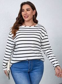 SHEIN LUNE Plus Striped Print Drop Shoulder Tee - Black and White - View 1