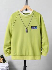 Chico preadolescente Pullover con estampado de letra de manga raglán sin collar - Verde - Ver 1