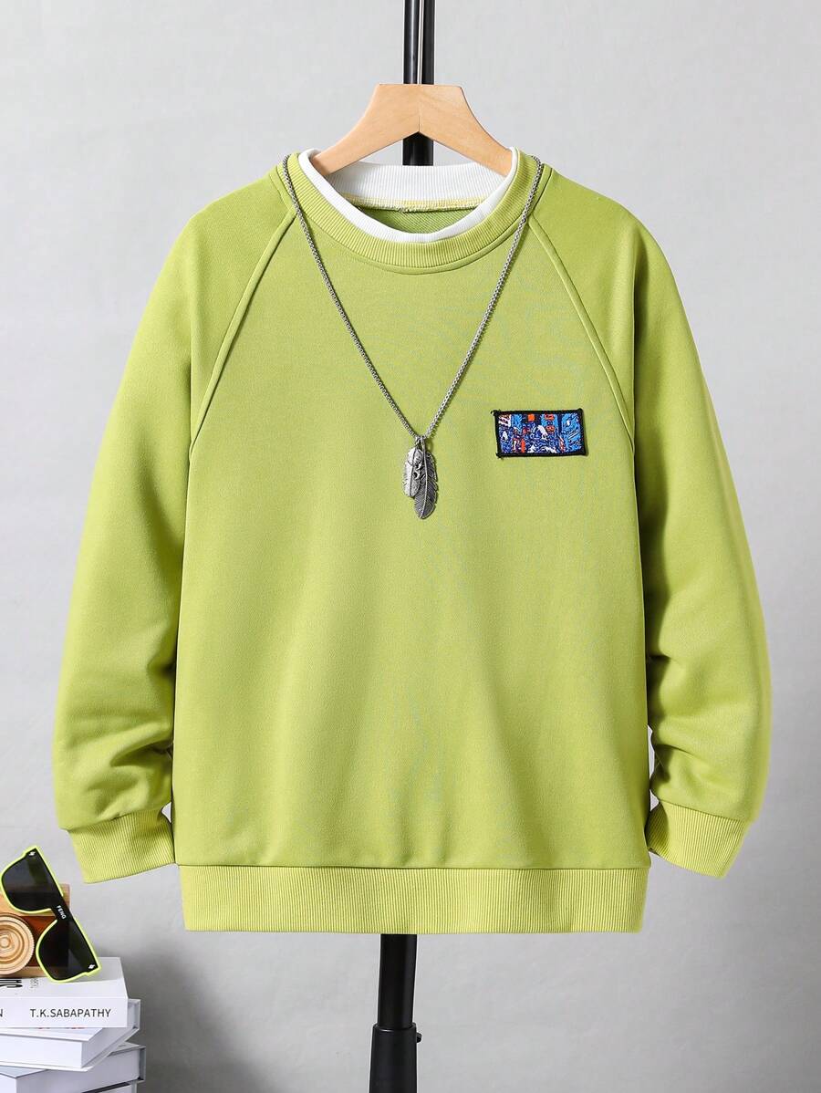 Chico preadolescente Pullover con estampado de letra de manga raglán sin collar - Verde - Ver 1