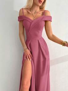 EURMUSE Cold Shoulder Split Thigh Maxi Dress - Rose Red - View 3