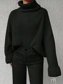 EURMUSE Turtleneck Drop Shoulder Ribbed Knit Sweater - Black - View 3