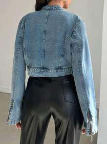 EURMUSE Women's Casual Cropped Denim Jacket, Autumn - Blue - View 2