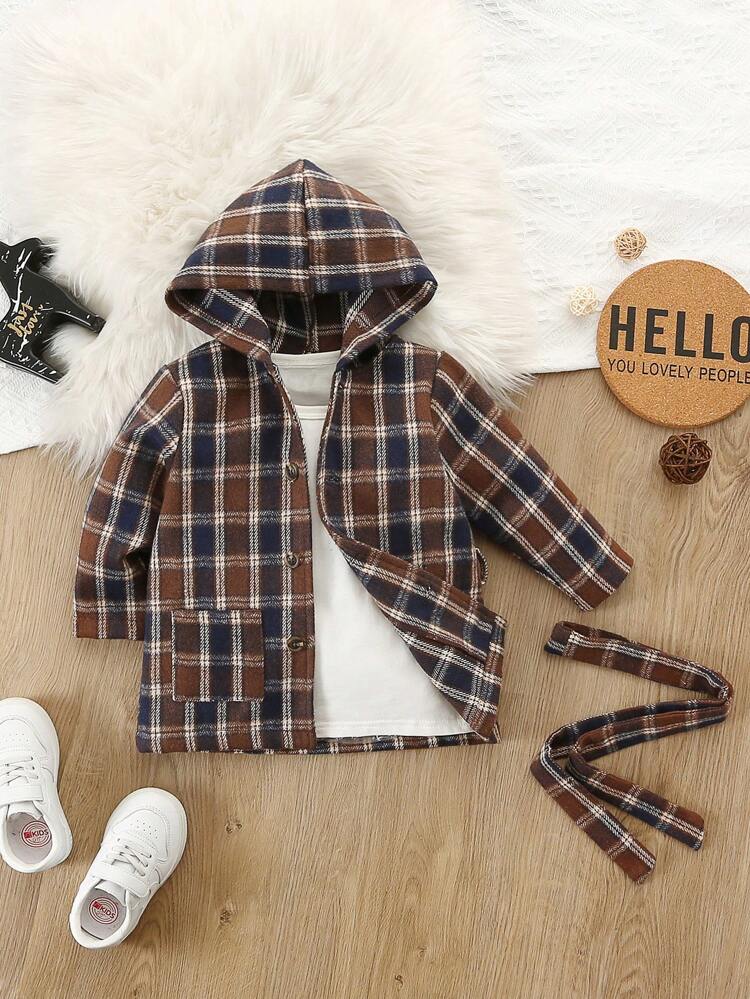 Baby Boy Plaid Print Overcoat With Belt
