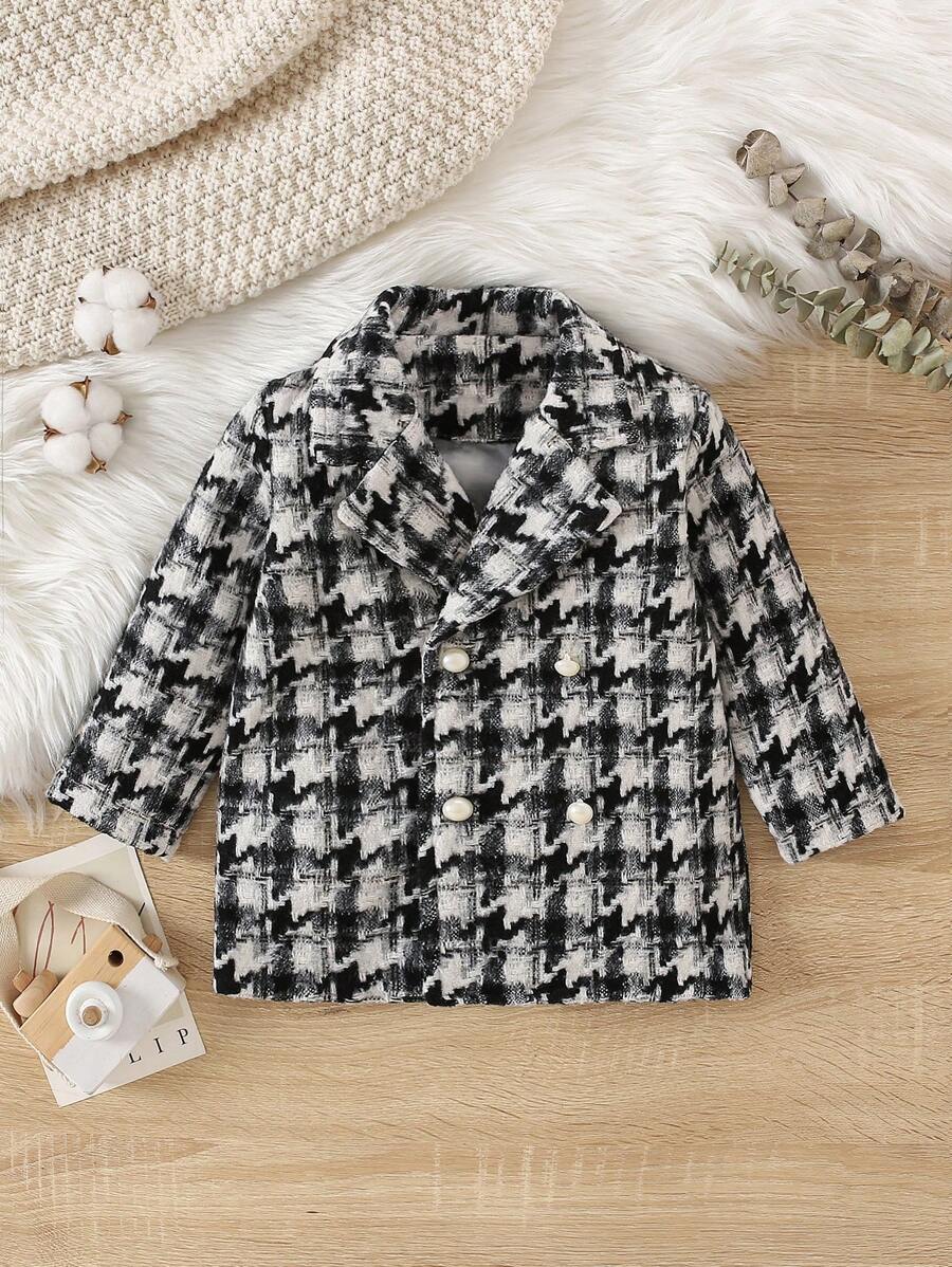 Baby Girl Plaid Pattern Double Breasted Overcoat - Black and White - View 1