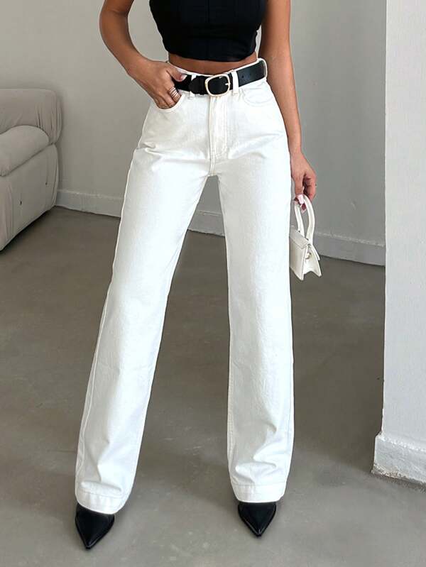Solid Straight Leg Jeans Without Belt
