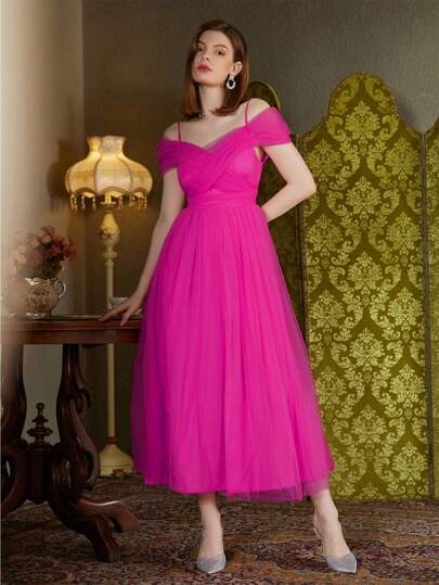 فستان وصيفة العروس رسمي ذو أكتاف بيضاء مزين بشبكة حريرية، أنيق لحفلات السهرة والخطوبة، مناسب للبس في الاعياد والتخرج وحفلات العودة للمدرسة