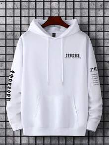 Manfinity Homme 男士大码標語圖案袋鼠口袋抽繩連帽衫 - 白色 - 查看 4