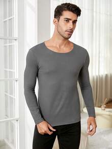 Nam Chất rắn Áo lót giữ nhiệt hàng đầu - Màu xám đen - Xem 5