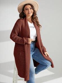 Calvaya 大碼素色落肩袖開門襟雙口袋開襟衫 - 紅木色 - 查看 3