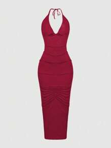 SHEIN Unity Chất rắn Xù Halter Neck Không lưng Váy bodycon - Đỏ - Xem 1
