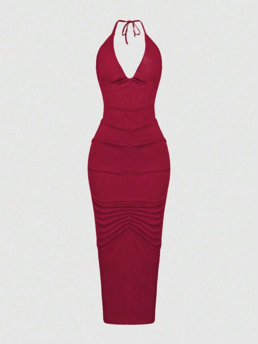 SHEIN Unity Chất rắn Xù Halter Neck Không lưng Váy bodycon - Đỏ - Xem 1