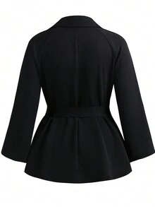 SHEIN Clasi 大碼西裝領雙排釦腰帶風衣外套 - 黑色 - 查看 2