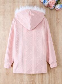 SHEIN Tween Girl Fuzzy Trim Hooded Coat Without Sweater - Pink - View 2