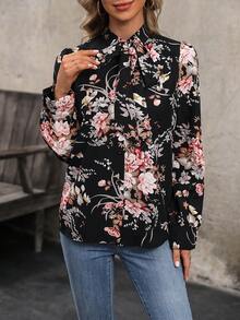 SHEIN LUNE 印花繫帶領襯衫 - 黑色 - 查看 4