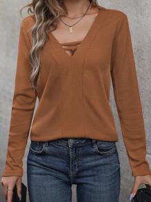 SHEIN LUNE Solid Cut Out Front Tee - Khaki - View 3