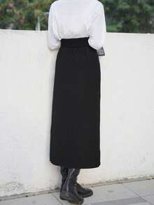 素色高衩半身裙 - 黑色 - 查看 2