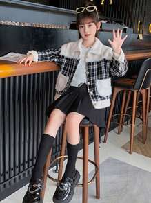 SHEIN Tween Girl Plaid Pattern Drop Shoulder Tweed Overcoat - Black - View 1