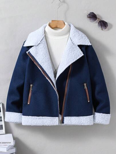 SHEIN 男大童1入組拉鏈開襟加絨內裏花呢外套